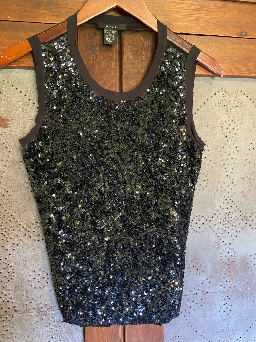 Saja Silk Chiffon Sequined Black Sheer Back Tank Top Blouse L